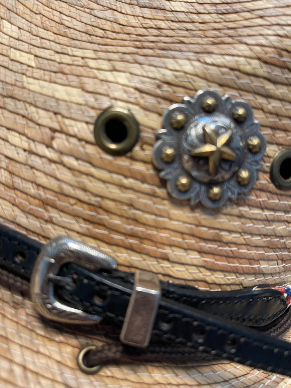 Women’s Straw Cowboy Hat with Red, Blue & White Feather - Patriotic Choncho